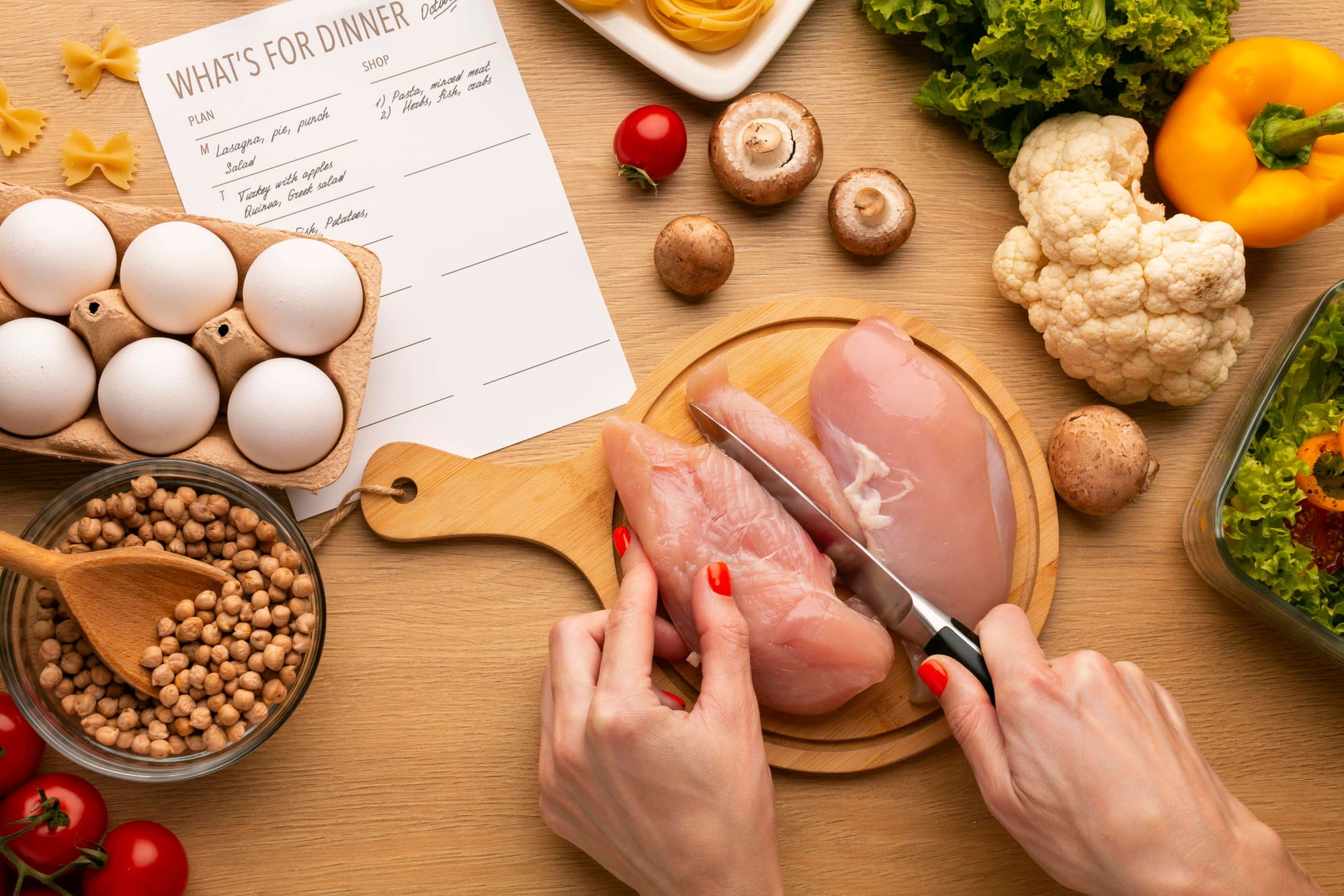A woman preparing a meal by cutting chicken, surrounded by colorful vegetables and eggs on a kitchen countertop.