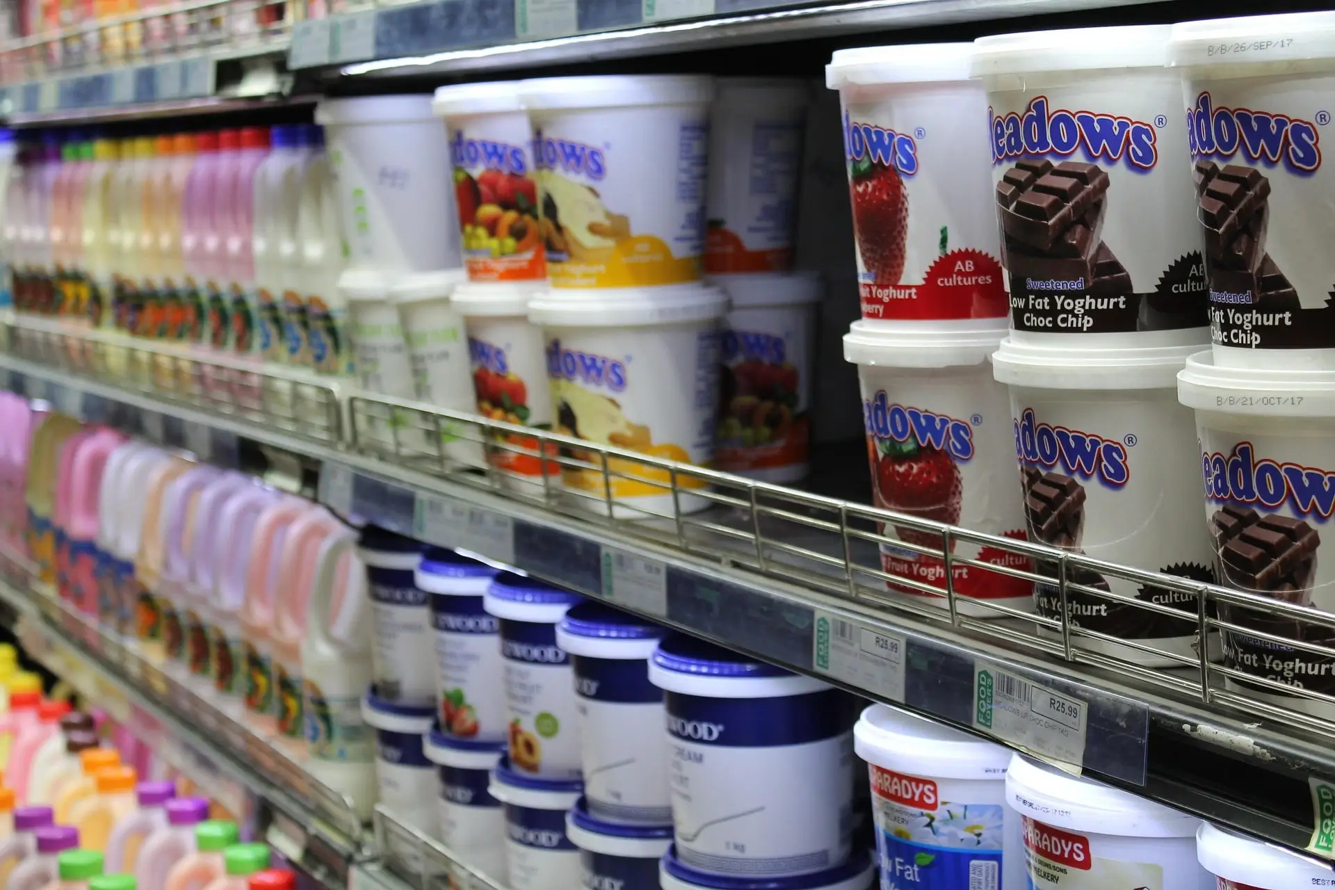 Organized rows of yogurt containers lined up on a store shelf.