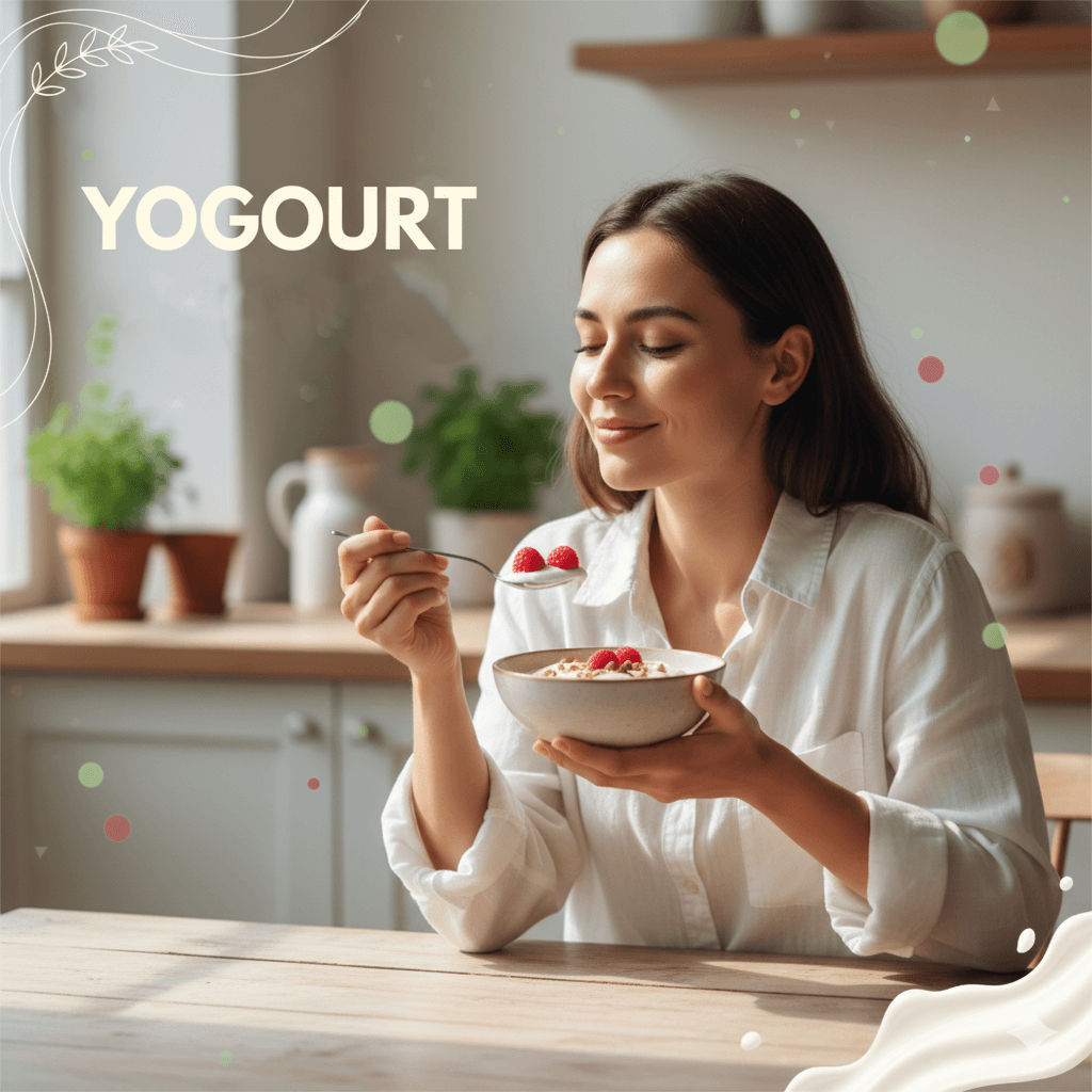 A smiling woman in a white shirt is eating yogurt with strawberries and nuts using a spoon. She is holding the bowl in her left hand.